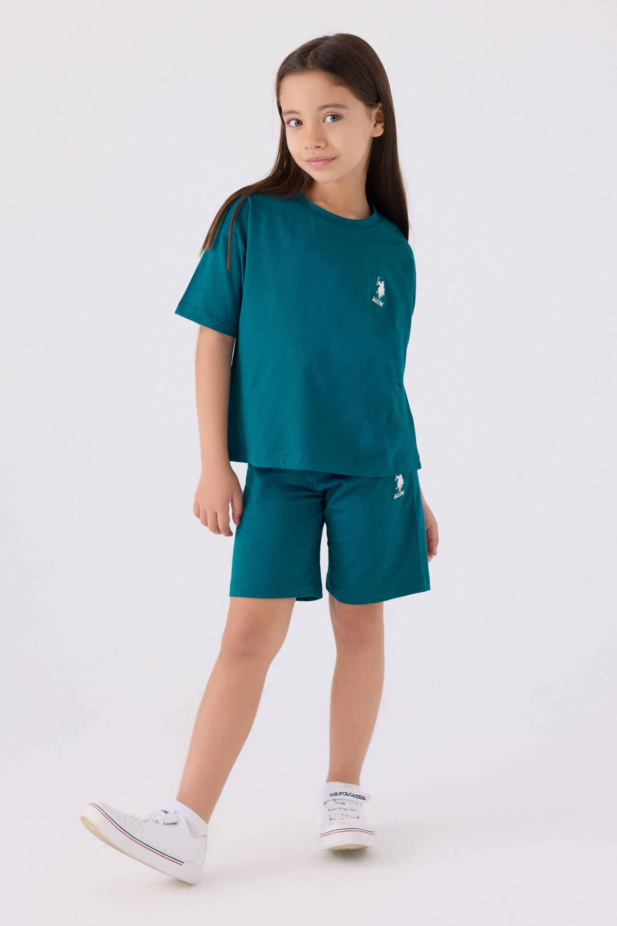 U.S. Polo Assn. Kız Çocuk Bisiklet Yaka Sargı Nakışlı Yazlık Regular Fit Yeşil Bermuda Takım US1848-C-V15 Ürün ana görseli