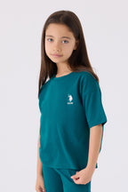 U.S. Polo Assn. Kız Çocuk Bisiklet Yaka Sargı Nakışlı Yazlık Regular Fit Yeşil Bermuda Takım US1848-C-V15