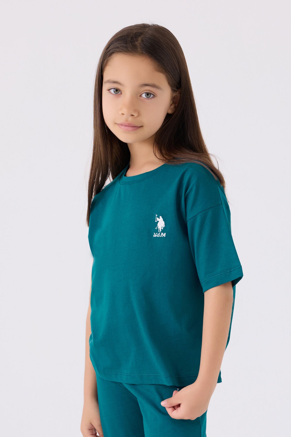 U.S. Polo Assn. Kız Çocuk Bisiklet Yaka Sargı Nakışlı Yazlık Regular Fit Yeşil Bermuda Takım US1848-C-V15