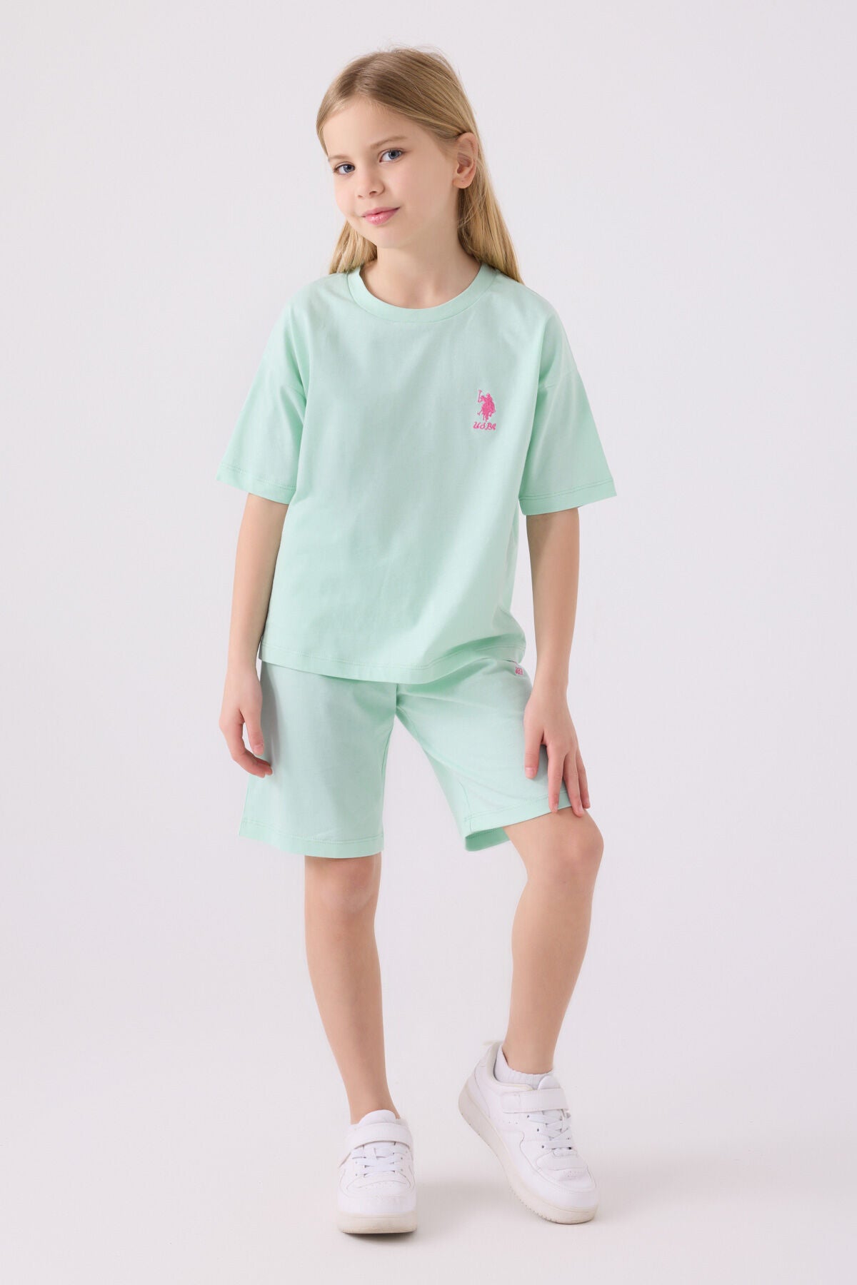 U.S. Polo Assn. Kız Çocuk Bisiklet Yaka Sargı Nakışlı Yazlık Regular Fit Mavi Bermuda Takım US1848-C-V2 Ürün ana görseli