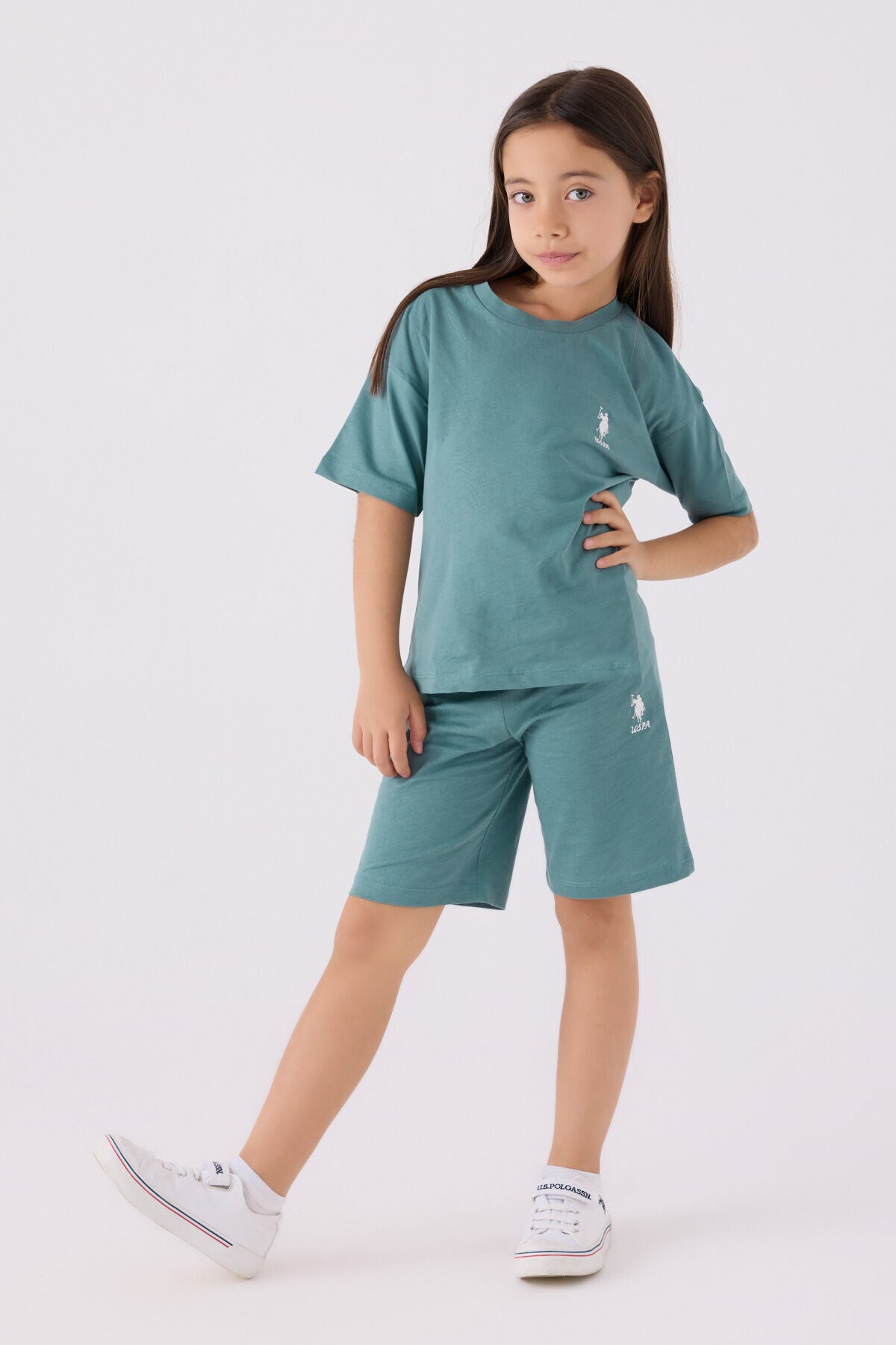 U.S. Polo Assn. Kız Çocuk Bisiklet Yaka Sargı Nakışlı Yazlık Regular Fit Mavi Bermuda Takım US1848-C-V26 Ürün ana görseli