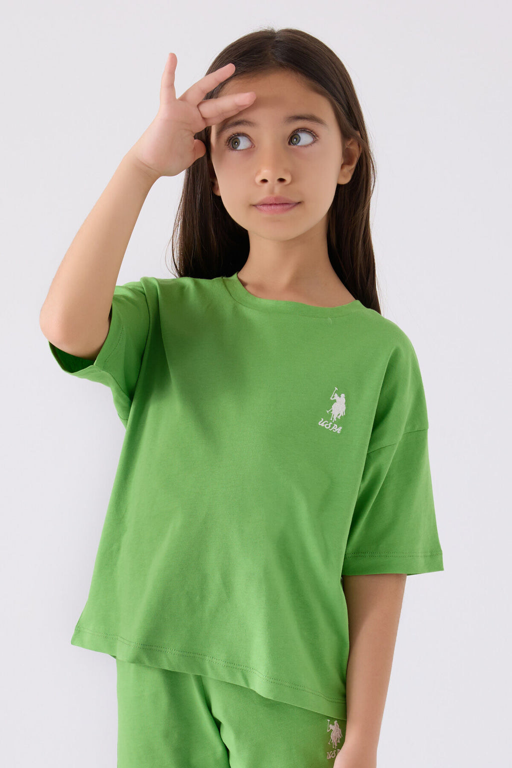 U.S. Polo Assn. Kız Çocuk Bisiklet Yaka Sargı Nakışlı Yazlık Regular Fit Yeşil Bermuda Takım US1848-C-V5
