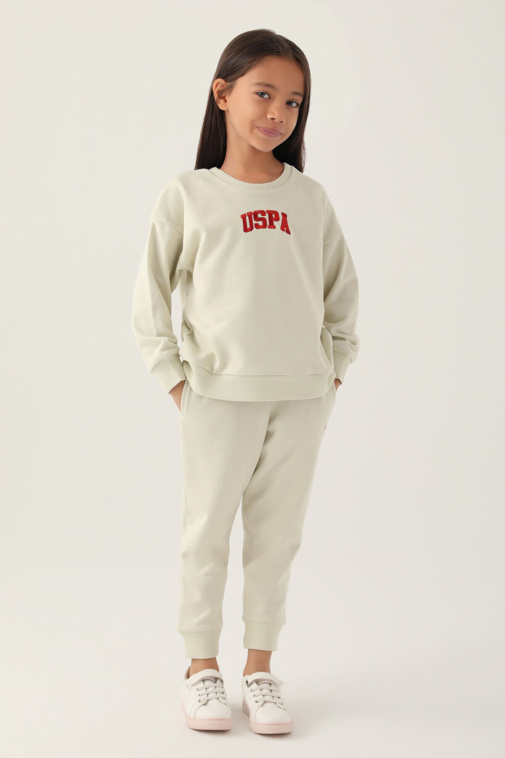 U.S. Polo Assn. Kız Çocuk Bisiklet Yaka Pigment Baskılı Kışlık Regular Fit Bej Eşofman Takımı US1667-C-V1