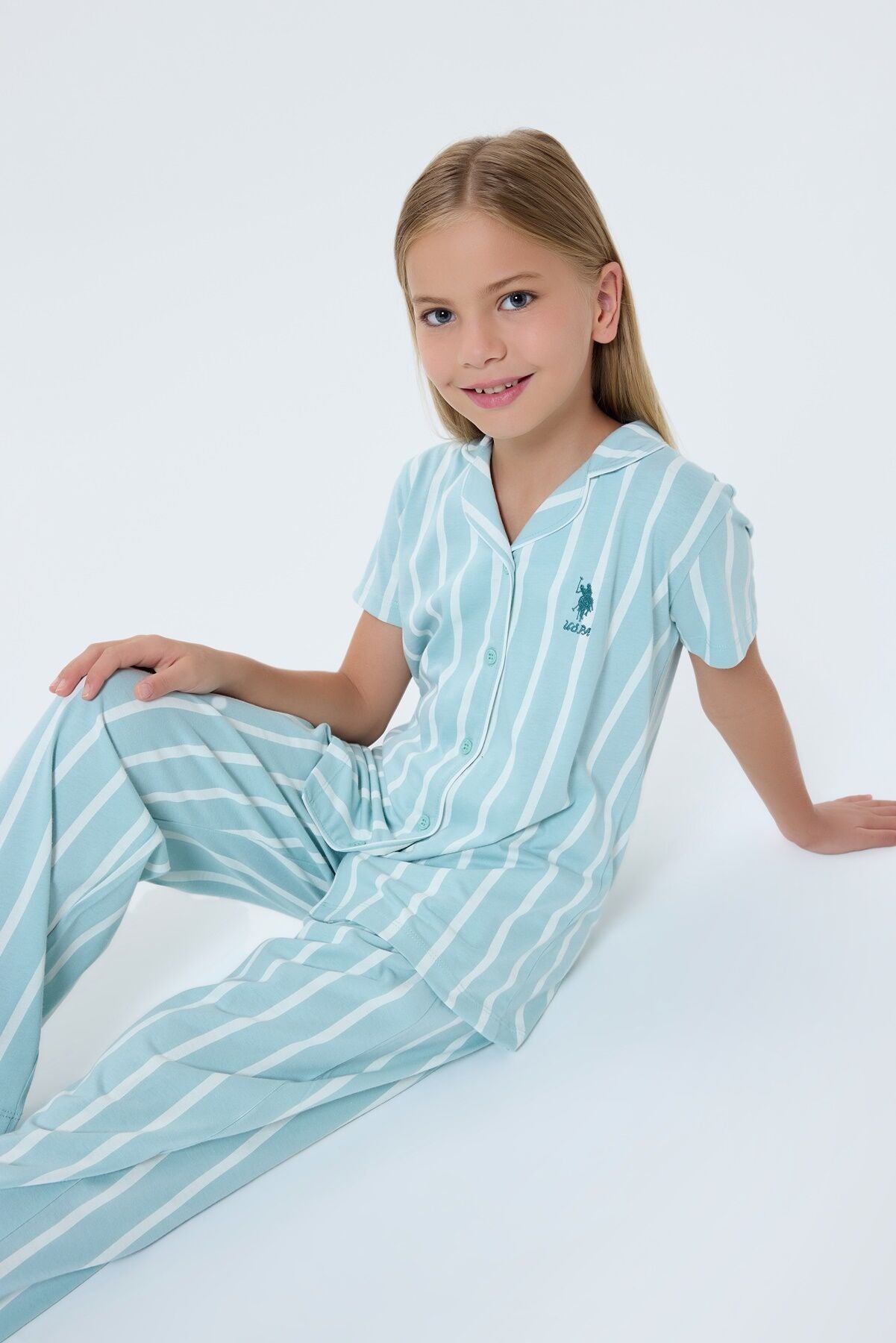U.S. Polo Assn. Kız Çocuk Gömlek Yaka Nakışlı Yazlık Relaxed Fit Yeşil Pijama Takımı US2533-C-V2 Ürün ana görseli