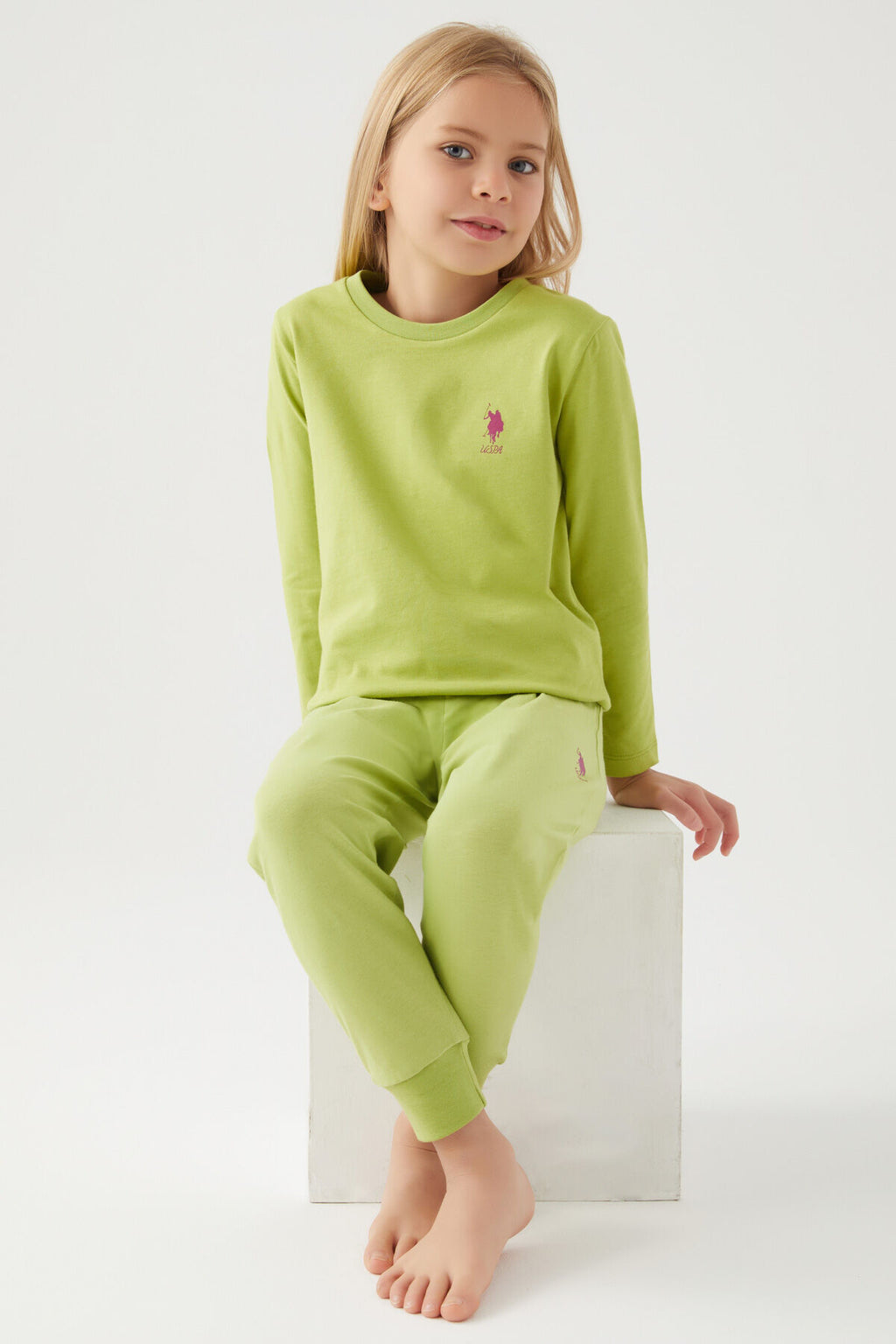 U.S. Polo Assn. Kız Çocuk Bisiklet Yaka Pigment Baskılı Kışlık Regular Fit Yeşil Pijama Takımı US1665-C-V5