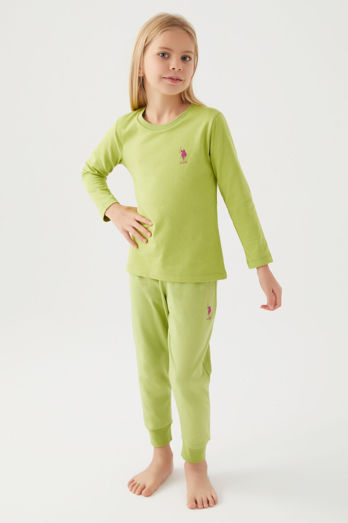 U.S. Polo Assn. Kız Çocuk Bisiklet Yaka Pigment Baskılı Kışlık Regular Fit Yeşil Pijama Takımı US1665-C-V5 Ürün ana görseli