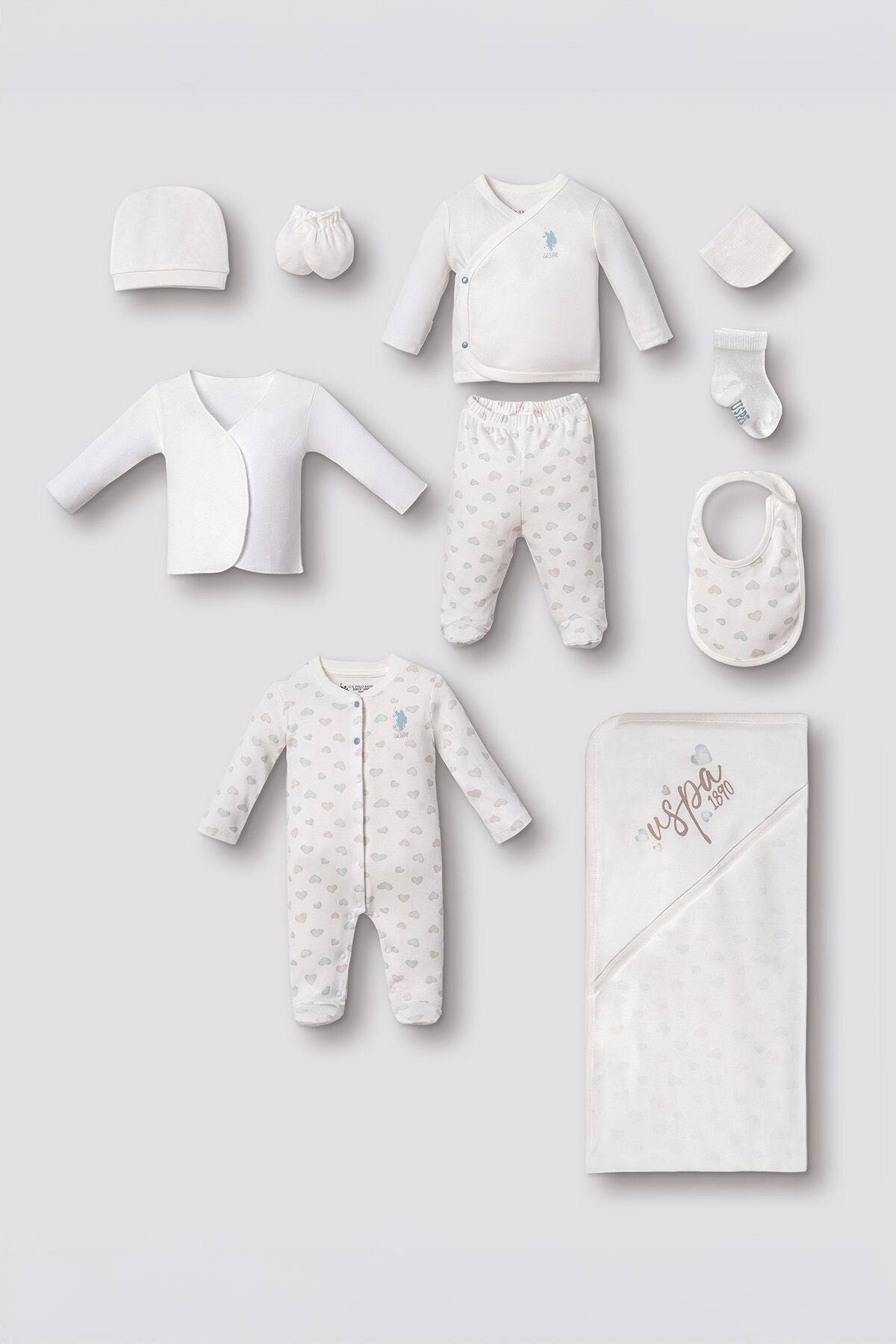 U.S. Polo Assn. Nakışlı Kız Bebek Cute Hearts Beyaz Hastane Çıkışı 10’Lu Set USB3200-C-V1 Ürün ana görseli