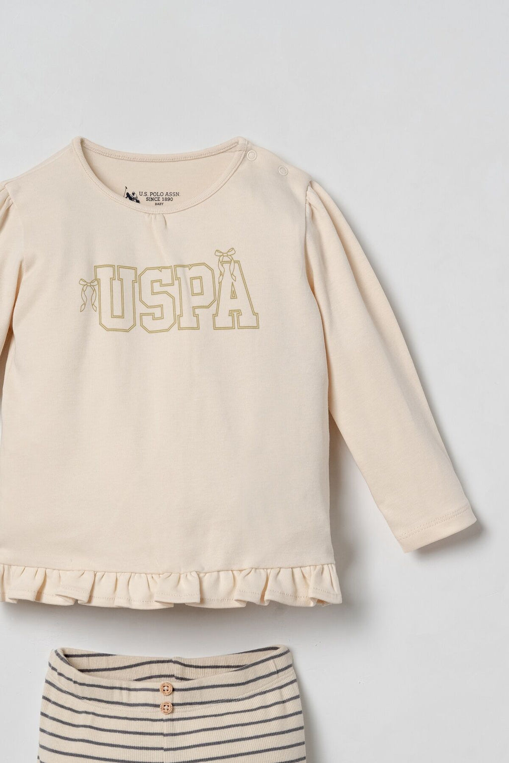 U.S. Polo Assn. Nakışlı Kız Bebek Krem Uzun Kol Pijama Takım USB3227-C-V1
