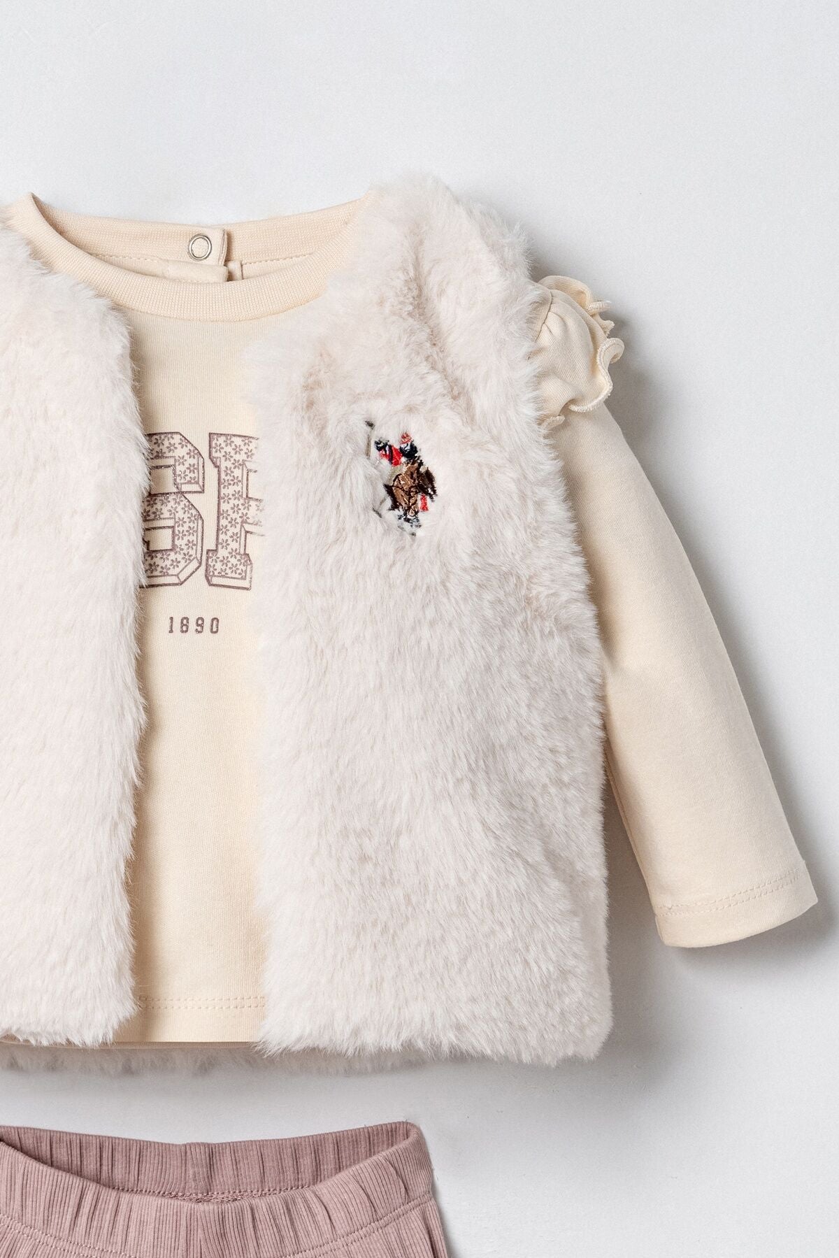 U.S. Polo Assn. Nakışlı Kız Bebek Yelekli Beyaz Uzun Kol Pijama Takım USB3207-C-V1