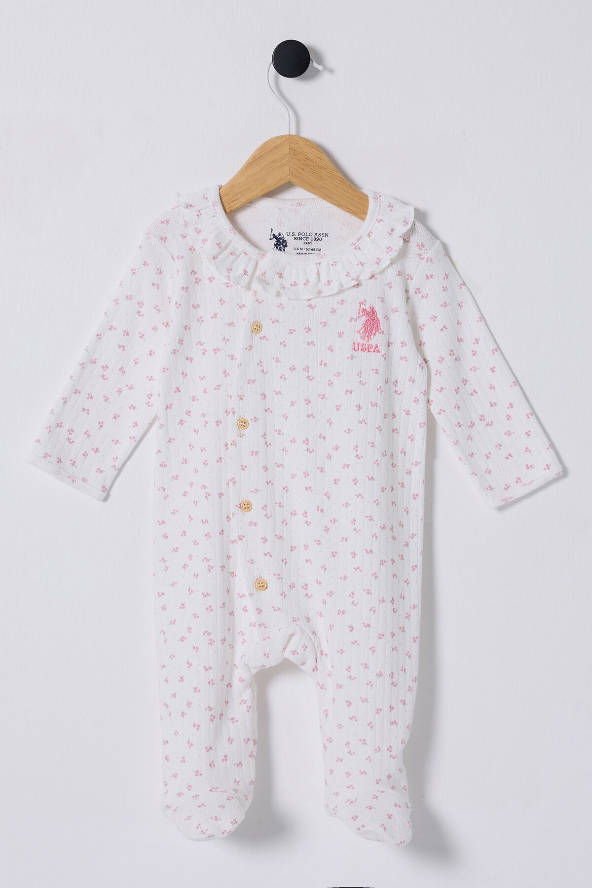 U.S. Polo Assn. Kız Bebek Bebe Yaka Pigment Baskılı Yazlık Regular Fit Pembe Tulum USB2435-C-V2